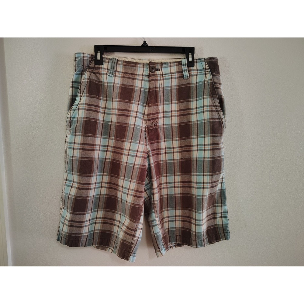 Aeropostale Mens Plaid Shorts Brown Blue Cotton Casual Flat Front Size 33
